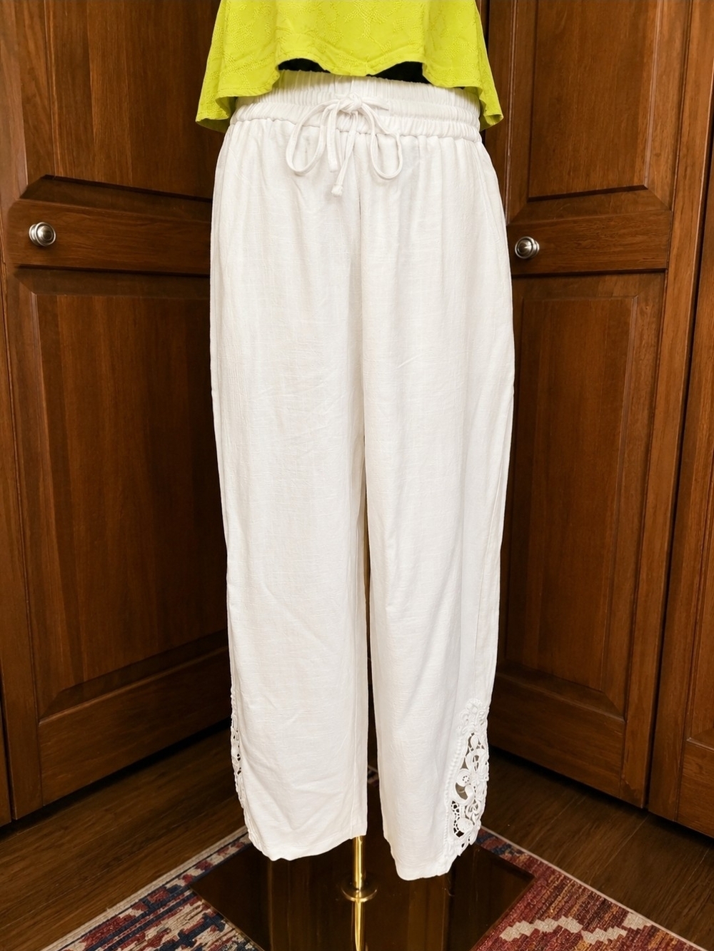 Women's Cream Drawstring Linen-Blend Pants with Lace Trim